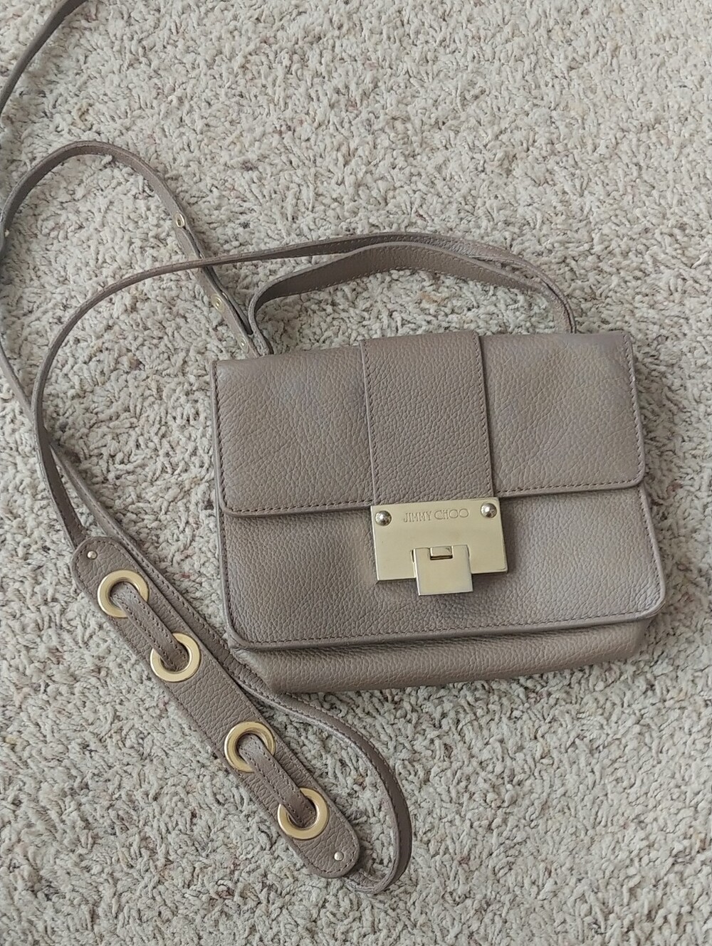 Jimmy Choo Taupe Leather Crossbody with Gold Hardware and Grommet Strap